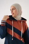 Koyu İndigo-İki Renkli Kapüşonlu Sweat Tunik - 1
