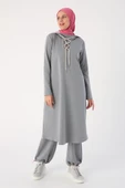Gri-Bağlama Detaylı Kapüşonlu Uzun Tunik - 3