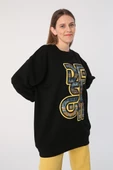 Siyah-Oversize Desenli Aplike Nakışlı Sweat Tunik thumbnail 3