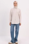 Bej-Beyaz-Oversize Basic Gömlek - 2