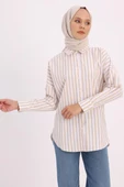 Bej-Beyaz-Oversize Basic Gömlek - 1