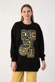 Siyah-Oversize Desenli Aplike Nakışlı Sweat Tunik thumbnail 2