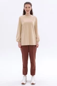 Bej-Bisiklet Yaka Kol Ucu Büzgülü Likralı Pamuklu Bluz thumbnail 2