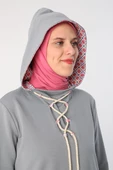 Gri-Bağlama Detaylı Kapüşonlu Uzun Tunik - 1