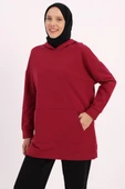 Bordo-Kapüşonlu Kanguru Cepli Likralı Sweat - 1