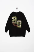 Siyah-Oversize Ekose Aplike Nakışlı Sweatshirt - 8