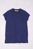 İndigo-Püskül Detaylı Kısa Kollu T-Shirt - 6