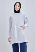 Beyaz-Pamuklu Garnili Taş Detaylı Sweat - 1