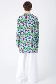 Yeşil-Pembe-Emprime Desenli Fırfırlı Detaylı Gömlek thumbnail 4