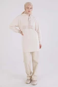 Ekru-Deri Garnili Kapüşonlu Tunik thumbnail 1