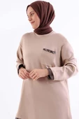 Koyu Bej-Deri Detaylı Tunik - 1