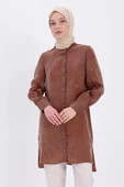 Kahve-Dik Yakalı Kolu Pileli Gömlek Tunik - 1