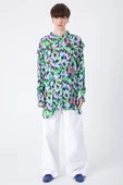 Yeşil-Pembe-Emprime Desenli Fırfırlı Detaylı Gömlek thumbnail 2
