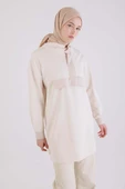 Ekru-Deri Garnili Kapüşonlu Tunik thumbnail 5