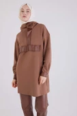 Kahve-Deri Garnili Kapüşonlu Sweat Tunik - 5