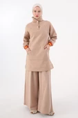 Bej-Çıtçıt Yakalı Ribana Detaylı Şardonlu Sweat - 1