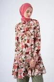 Ekru-Bordo-Yakası Kolları Ve Eteği Fırfırlı Desenli Viskon Tunik - 5