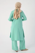 Soft Yeşil-Dik Yaka Önden Yırtmaçlı Viskon Keten Tunik - 4