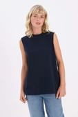 Lacivert-Bisiklet Yaka Kolsuz Pamuklu T-Shirt - 1