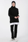 Siyah-Kolları Fermuarlı Dokuma Garnili Oversize Sweat - 1