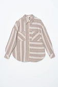 Sütlü Kahve-Pamuklu Çizgili Cepli Yanları Yırtmaçlı Gömlek thumbnail 7