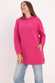 Fuşya-Kapüşonlu Kanguru Cepli Sweatshirt - 1