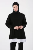 Siyah-Kolları Fermuarlı Dokuma Garnili Oversize Sweat - 5