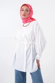 Beyaz-Oversize Arkası Pilikaşeli Kuşaklı Gömlek - 5