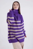 Mor-Taş-Balıkçı Yaka Fermuarlı Likralı Triko Kazak - 1