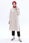 Bej-Yırtmaçlı Keten Gömlek Tunik - 1