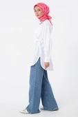 Beyaz-Oversize Arkası Pilikaşeli Kuşaklı Gömlek - 3