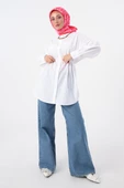 Beyaz-Oversize Arkası Pilikaşeli Kuşaklı Gömlek - 1