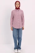 Bordo-Beyaz-Oversize Basic Gömlek - 2