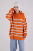 Oranj-Taş-Balıkçı Yaka Fermuarlı Likralı Triko Kazak - 5