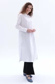 Beyaz-Yanları Yırtmaçlı Cepli Keten Gömlek Tunik - 1