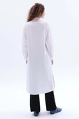 Beyaz-Yanları Yırtmaçlı Cepli Keten Gömlek Tunik - 4