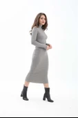 Kendinden Yaka Triko Fitilli Elbise - Gri thumbnail 3