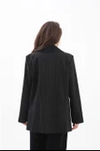 Fleto Cepli Dar Çizgili Poliviskon Blazer Ceket - Siyah thumbnail 7