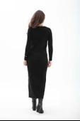 V Yaka Pis Dikişli Triko Elbise - Siyah thumbnail 6
