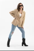 Kadın Kruvaze Yaka Oversize Blazer Ceket - Vizon thumbnail 6