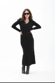 V Yaka Pis Dikişli Triko Elbise - Siyah thumbnail 3