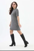 Kısa Kol Kırçıllı Triko Elbise - Siyah-Ekru thumbnail 6