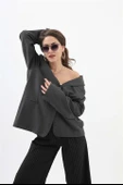 Kadın Kruvaze Yaka Oversize Blazer Ceket - Antrasit - 5