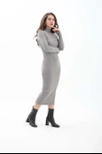 Kendinden Yaka Triko Fitilli Elbise - Gri thumbnail 2