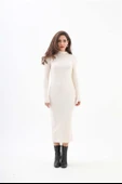 Kendinden Yaka Triko Fitilli Elbise - Krem thumbnail 3