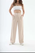 Bol Paça Palazzo Kumaş Pantolon - Bej thumbnail 1