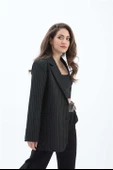 Fleto Cepli Dar Çizgili Poliviskon Blazer Ceket - Siyah thumbnail 6