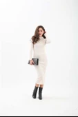 Kendinden Yaka Triko Fitilli Elbise - Krem thumbnail 1