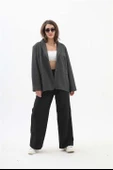 Kadın Kruvaze Yaka Oversize Blazer Ceket - Antrasit - 2