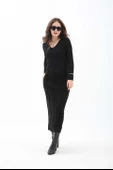 V Yaka Pis Dikişli Triko Elbise - Siyah thumbnail 2